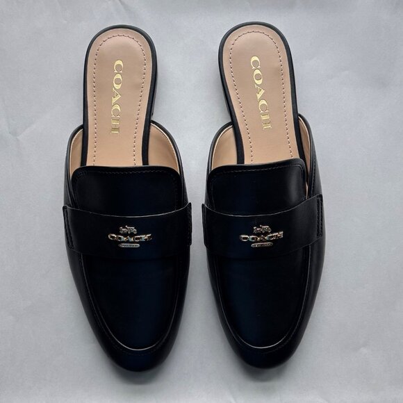 Coach Women's Black Leather Round Toe Samie Slide on Mule Flat Shoes Size 6.5 - Picture 1 of 9